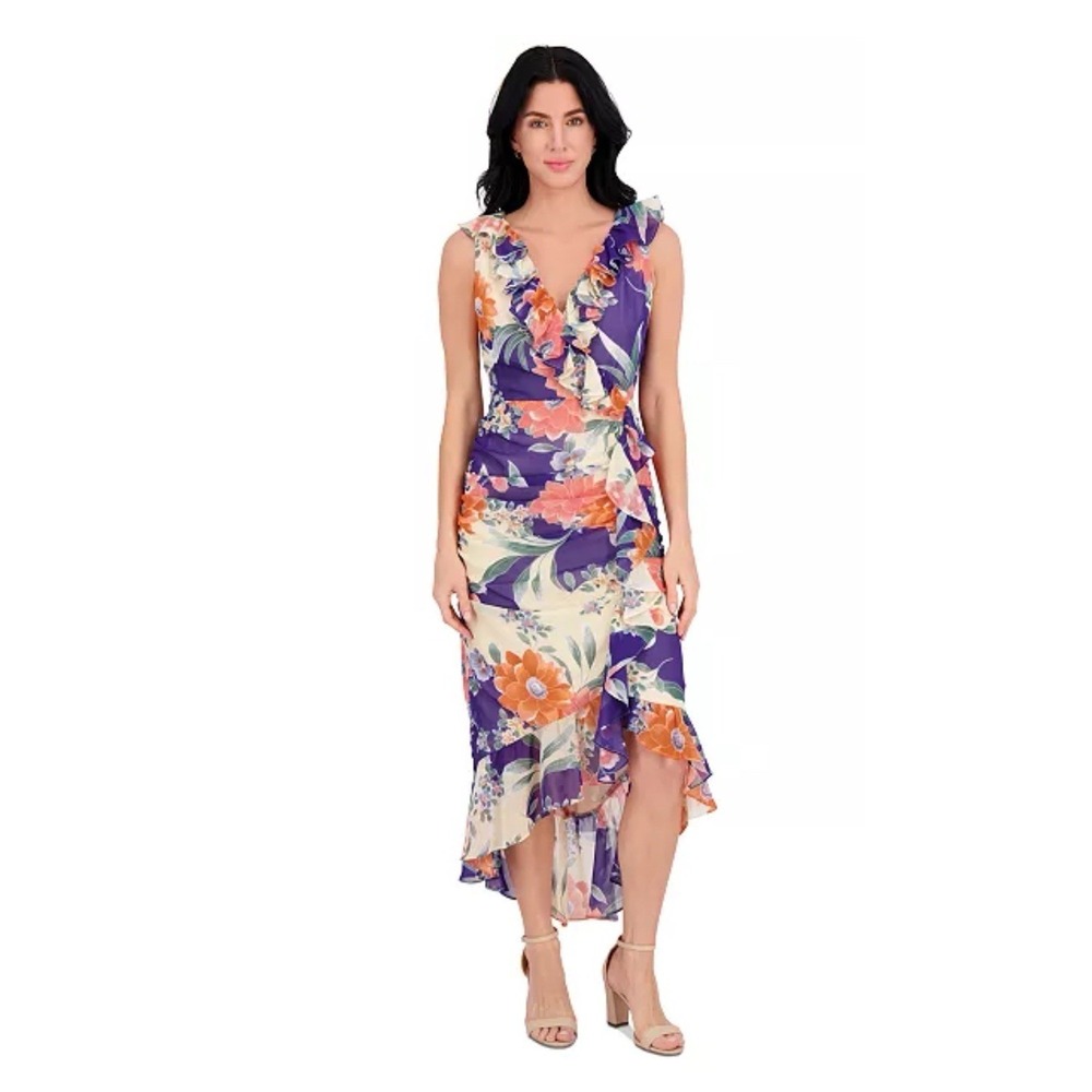 Kensie Womens Printed Ruffled High-Low Maxi Dress 14 Multi - NWT $138